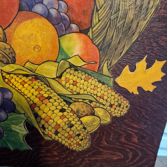 Vintage Cornucopia Wood Panel Picture 16" Thanksgiving Flowers Cottage 80s Fall - Picture 4 of 10